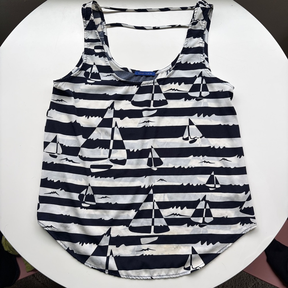 Modcloth/Sweet Claire Navy and White Striped Sailboat Tank Top!
